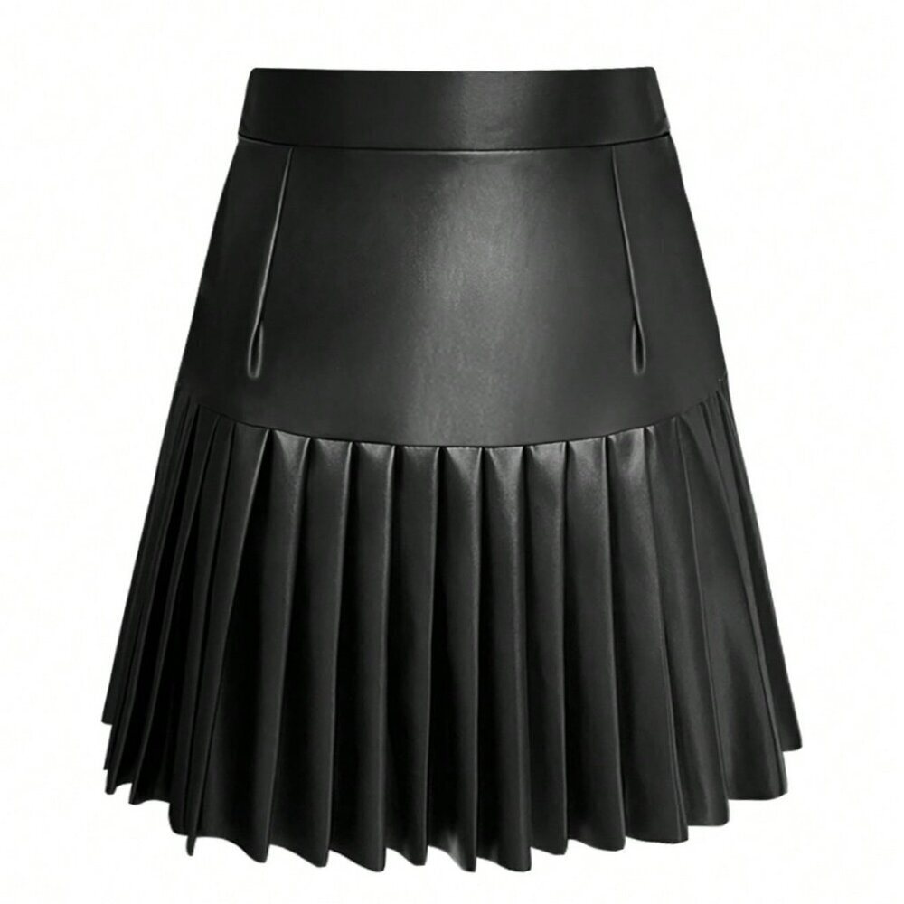 Black Casual Women's Minimalist Pleated faux leather A-Line mini Skirt - Picture 3 of 4